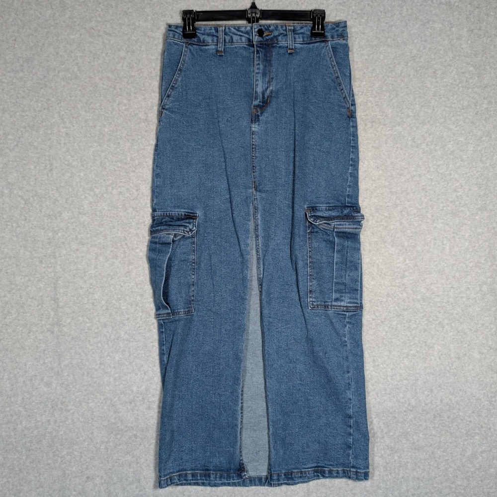 No Boundaries Cargo Maxi Skirt Size 7 Front Slit Denim Y2K Streetwear 90s Style